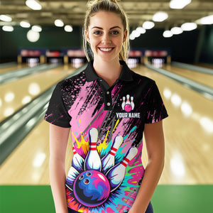 Custom Pink Bowling Shirt for Women Men Bowling Water Color Bowling Polo & 1/4 Zip Shirts MBL37