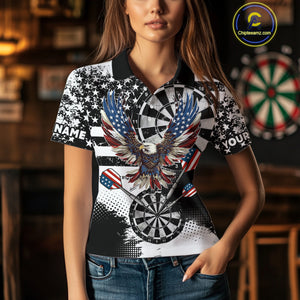 Custom Dart Shirt For Women, Grunge Eagle American Flag Black White Polo, 1/4 Zip Darts Jersey TDM3877