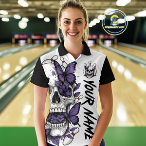 Purple Butterfly Skull Bowling Women Bowling Shirt Polo & Quarter-Zip Bowling Team Jerseys HNT80