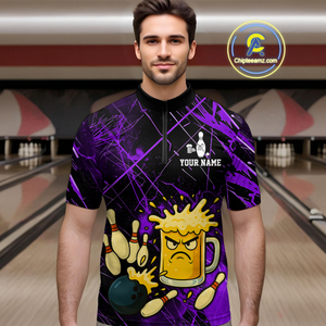 Custom Purple Funny Beer Bowling Shirt Team Bowling League Jersey for Men Bowling Outfit QZT767