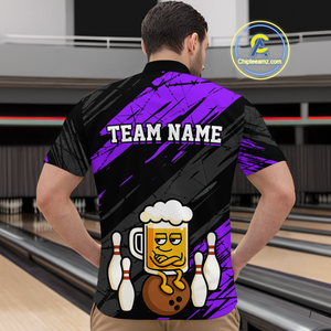 Custom Purple Funny Beer Bowling Jersey for Men Bowling Uniform Polo & 1/4 Zip Bowling Team Shirts HNT107