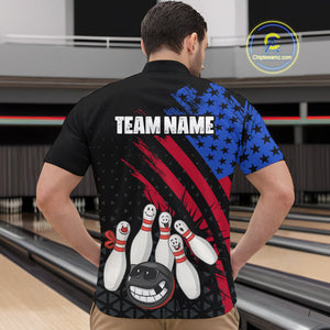 Custom Funny US Flag Bowling Jersey for Men Bowling Uniform Polo & 1/4 Zip Bowling Team Shirts HNT126