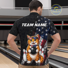 Load image into Gallery viewer, Man wearing a bowling-themed shirt with a cat holding a bowling ball and American flag design, standing in a bowling alley.
