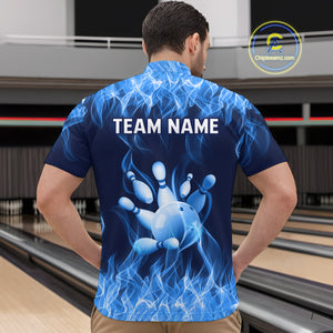 Custom Blue Flame Bowling Jersey for Men Bowling Uniform Polo & 1/4 Zip Bowling Team Shirts HNT106