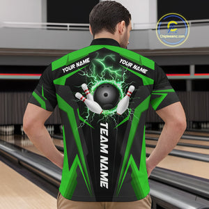 Black Men bowling Polo, Quarter Zip shirt Custom lightning thunder team league bowling jersey | Green NQS10374