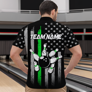 US Green Flag Bowling Shirt for Men Custom Name Polo & Quarter-Zip Bowling Jersey Bowling Team Shirt HNT23