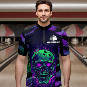 Black & Purple Skull Bowling Jersey Custom Quarter-Zip Bowling Team Shirt for Men Women QZT675