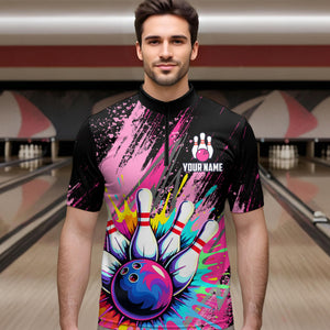 Custom Pink Bowling Shirt for Women Men Bowling Water Color Bowling Polo & 1/4 Zip Shirts MBL37