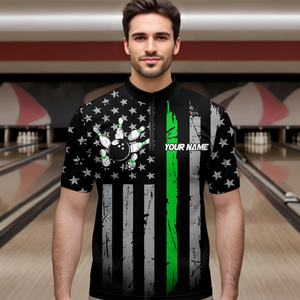 US Green Flag Bowling Shirt for Men Custom Name Polo & Quarter-Zip Bowling Jersey Bowling Team Shirt HNT23