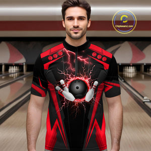 Black Mens bowling Polo, Quarter Zip shirt Custom lightning thunder team league bowling jerseys | Red NQS10373