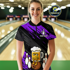 Custom Purple Funny Beer Bowling Jersey for Women Bowling Uniform Polo & 1/4 Zip Bowling Team Shirts HNT107