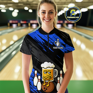 Custom Blue Funny Beer Bowling Jersey for Women Bowling Uniform Polo & 1/4 Zip Bowling Team Shirts HNT107