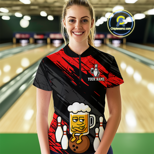 Custom Red Funny Beer Bowling Jersey for Women Bowling Uniform Polo & 1/4 Zip Bowling Team Shirts HNT107