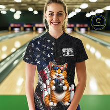 Load image into Gallery viewer, Women wearing a black bowling shirt with a cat american flag design in a bowling alley