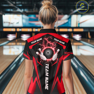 Black Women bowling Polo, Quarter Zip shirt Custom lightning thunder team league bowling jersey | Red NQS10373
