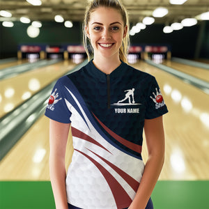 Personalized Red Blue & White Bowling Shirt Patriotic 1/4-Zip Bowling Jersey for Men & Women QZT677