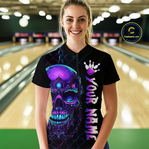 Purple Skull Bowling Custom Women Bowling Shirt Polo & Quarter-Zip Bowling Team Jerseys HNT51