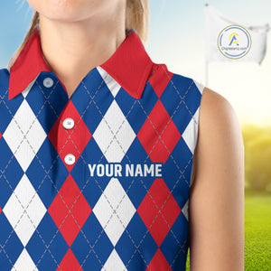 Women sleeveless polo shirt custom red, white and blue argyle plaid pattern golf attire for ladies NQS9847