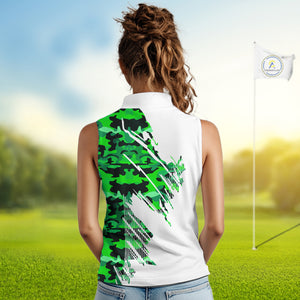 Personalized Women sleeveless golf polo shirt custom white and green camo ladies golf apparel NQS10334