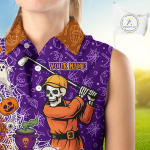 Halloween Skull Playing Golf Sleeveless Polo Shirt Custom Halloween golf outfit For Ladies Golf Gifts NQS10340