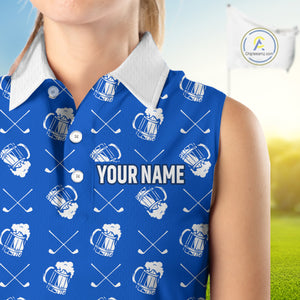 Blue and white golf pattern Women sleeveless polo shirt custom golf beer outfit ladies golf clothes NQS9856