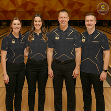 Load image into Gallery viewer, Custom Black and Gold Bowling Jersey for Women Bowling Team Shirts Bowling League Polo &amp; 1/4 Zip HNT175