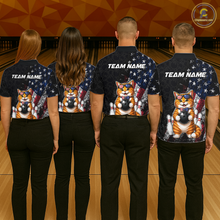 Load image into Gallery viewer, Four people wearing bowling shirts with a cat american flag design and 'Team Name' text on a bowling alley background.