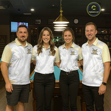 Load image into Gallery viewer, Personalized White And Gold Crown 8 Ball Pool Billiard Polo &amp; 1/4 Zip For Men, Billiard Team Attire NYN3014