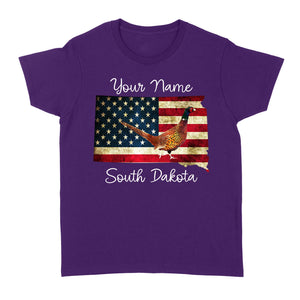 Pheasant hunting shirt South Dakota American Flag bird hunter custom name T-shirt - FSD1162