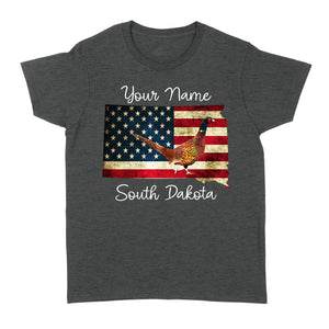 Pheasant hunting shirt South Dakota American Flag bird hunter custom name T-shirt - FSD1162