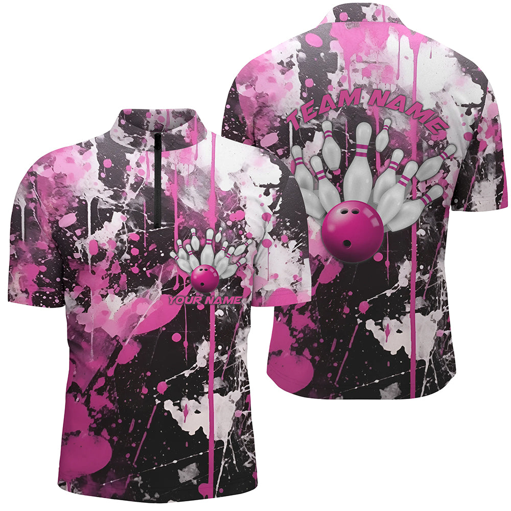 Pink Camo Bowling Team Shirts Men Quarter Zip Personalized Bowling League Jerseys Strike Bowling IPHW5411