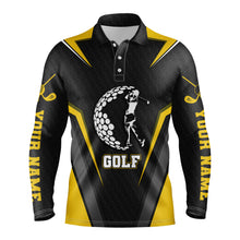 Load image into Gallery viewer, Black long sleeve golf polo shirts for mens custom name golf shirts, golfer gifts| Yellow NQS3646