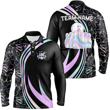Load image into Gallery viewer, Black Mens polo bowling shirts Custom neon camo team league bowling jerseys, gifts for bowlers NQS7210