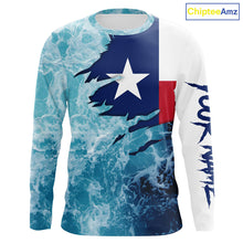 Load image into Gallery viewer, Texas flag fishing Saltwater Long sleeve customized name Fishing Shirts UV Protection, Sea wave camo blue Fishing Shirts NQS2567