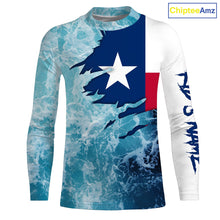 Load image into Gallery viewer, Texas flag fishing Saltwater Long sleeve customized name Fishing Shirts UV Protection, Sea wave camo blue Fishing Shirts NQS2567