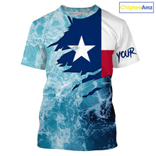 Load image into Gallery viewer, Texas flag fishing Saltwater Long sleeve customized name Fishing Shirts UV Protection, Sea wave camo blue Fishing Shirts NQS2567
