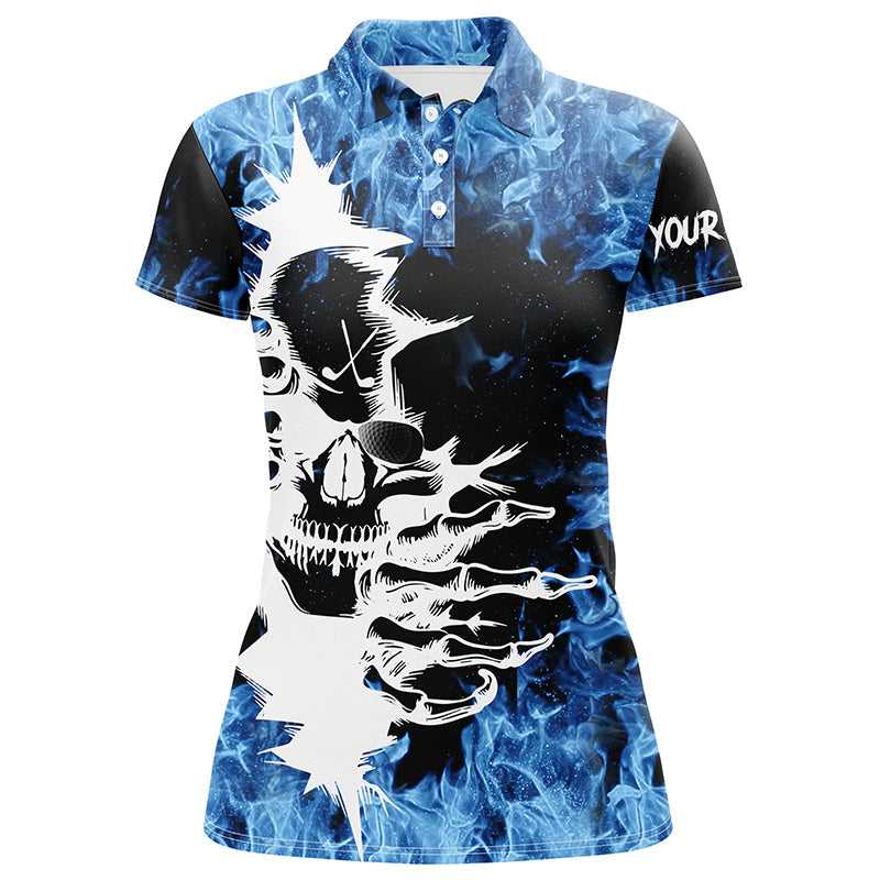 Black Womens golf polo shirts custom blue fire skull golf shirts, personalized golf gifts NQS6544