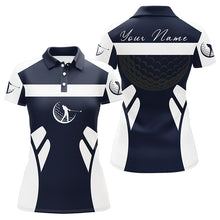 Load image into Gallery viewer, Blue navy and white Womens golf polo shirt custom name cool golf gifts for ladies NQS7253