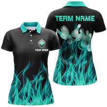 Load image into Gallery viewer, Turquoise flame Womens bowling polo shirt black Bowling Jerseys Personalized Bowling Team Shirts NQS6822