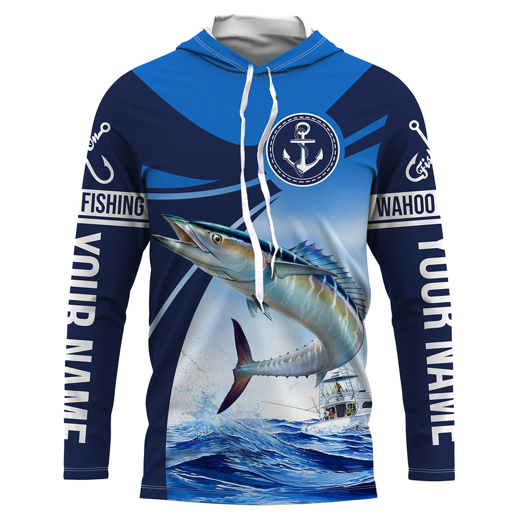 Wahoo fishing blue sea underwater ocean saltwater Custom Name performance long sleeve fishing shirt NQS3745