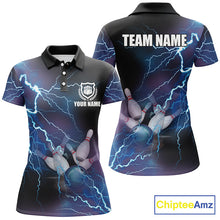 Load image into Gallery viewer, Custom blue bowling shirt for women – personalized team jersey front view