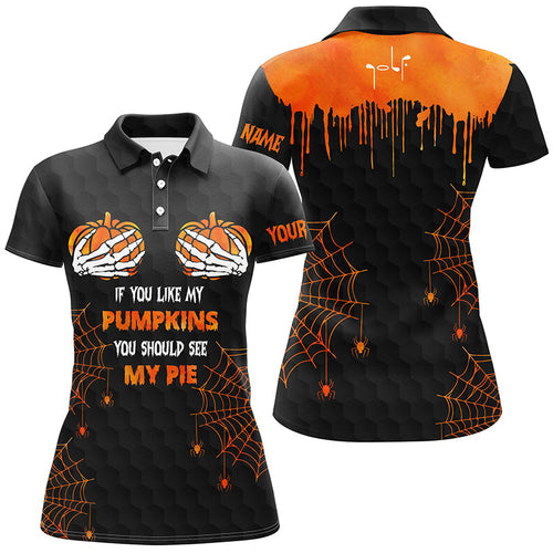 Funny Halloween Women golf polo shirt custom black orange If you like my pumpkin you should see my pie NQS6464