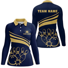 Load image into Gallery viewer, Personalized polo bowling shirts for women, custom gold womens bowling shirts team bowl jersey | Navy NQS6707