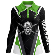 Load image into Gallery viewer, Black Womens golf polo shirts custom golf skull shirt for ladies, golf attire for women | Green NQS6905