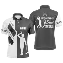 Load image into Gallery viewer, Black white Men golf polo shirts custom name swing swear drink repeat golf shirt, golf outfit men NQS4696