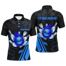 Load image into Gallery viewer, Black flame bowling ball and pins jerseys Custom Team League Bowling Polo Shirts For Men | Blue NQS6557