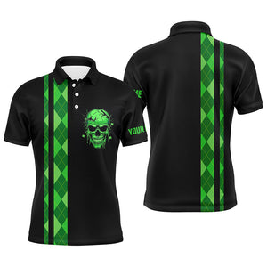 Personalized green argyle plaid skull Mens golf polo shirts, custom black golf apparel for mens NQS7269
