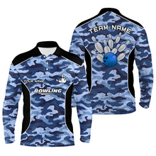 Load image into Gallery viewer, Mens polo bowling shirts Custom bowling ball and pins blue camo Bowling Team Jersey for men NQS6361
