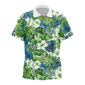 Kid golf polos shirts custom green tropical flower leaves pattern team golf tops for Kid NQS7299