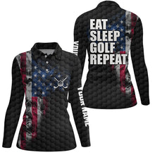 Load image into Gallery viewer, Black Womens golf polo shirts custom smoke American flag golf jerseys, patriotic ladies golf tops NQS6686